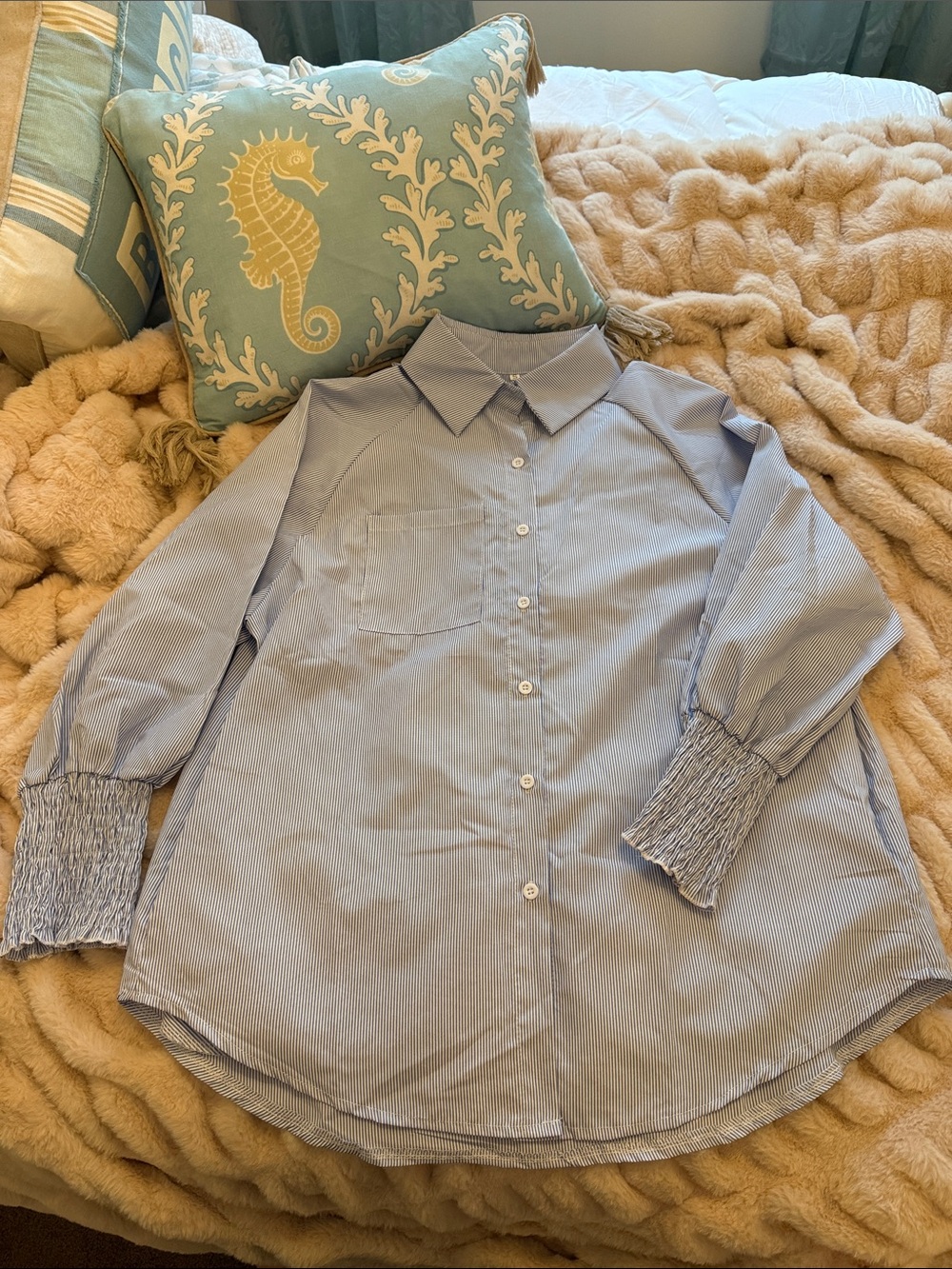 Women’s Long Sleeve Button-Down Shirt - Light Blue & White striped with pocket!